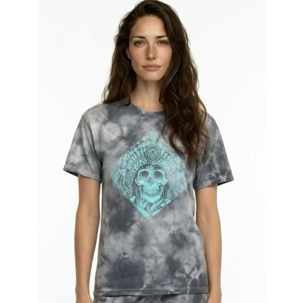POPULAR POISON | Gray Tie Dye Turquoise Skull Graphic Tee Women’s Size Medium